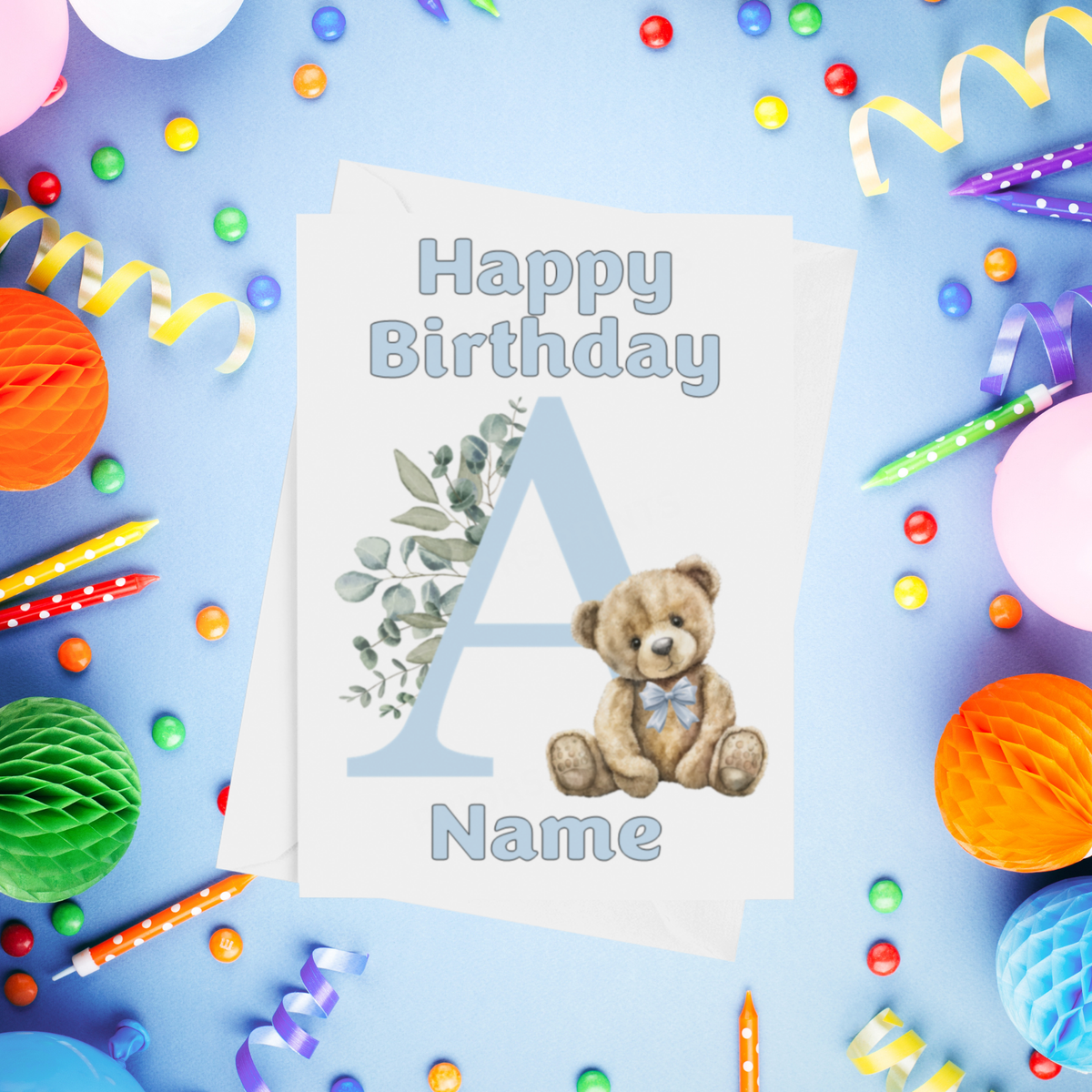 Cute Blue Alphabet Bear Personalised Birthday Card