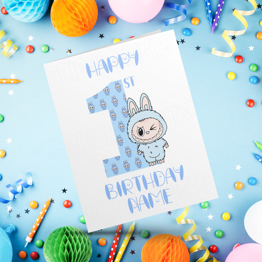 Personalised Labubu Birthday Card with Age 5-20 Years- Blue