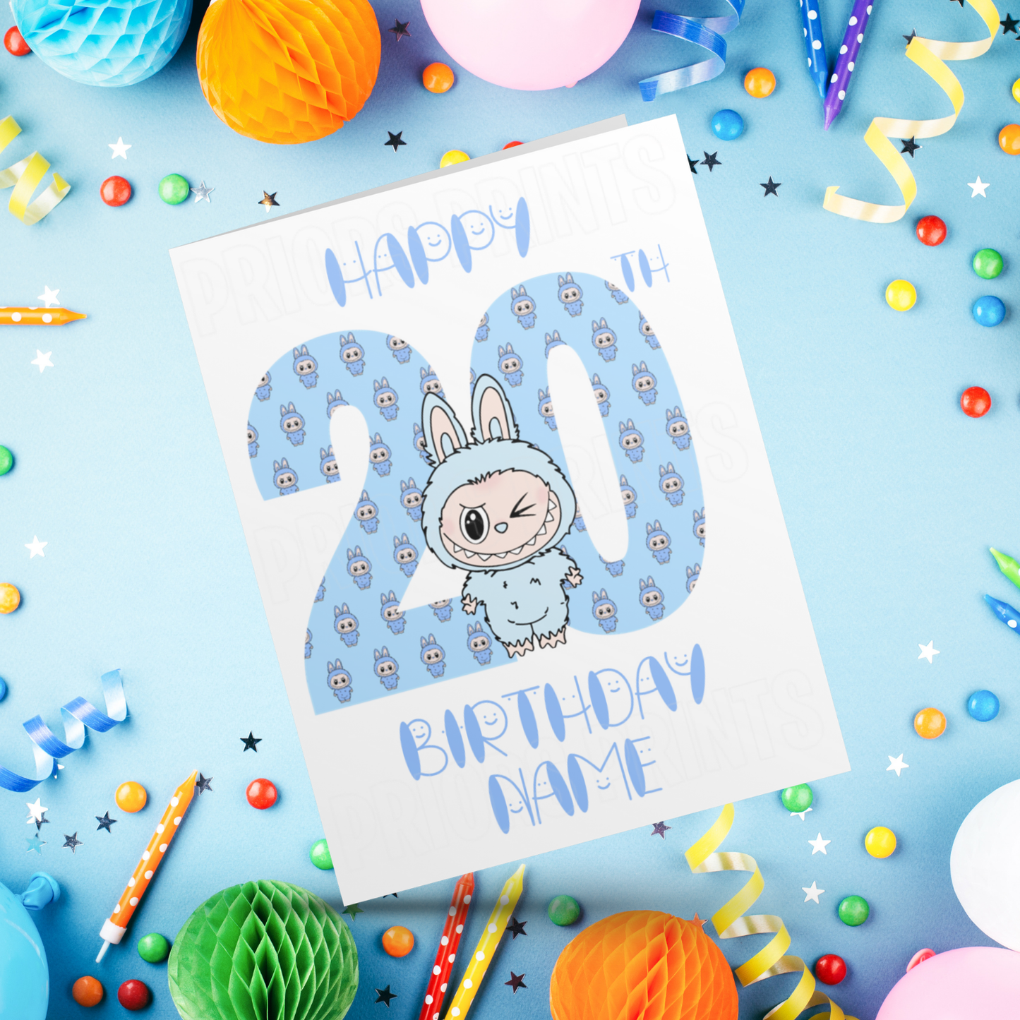 Personalised Labubu Birthday Card with Age 5-20 Years- Blue