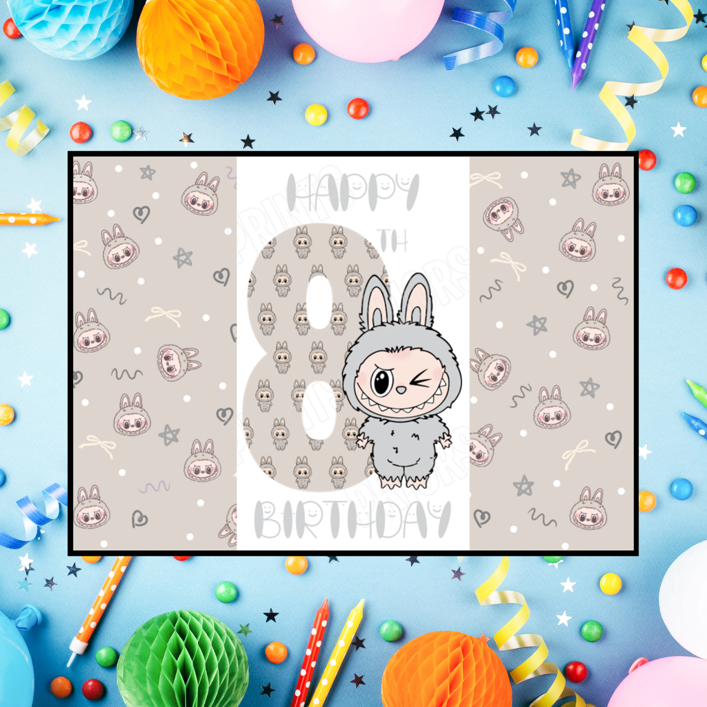 Grey Labubu Birthday Chocolate Bar Wrapper with Age 5-20 Years (Matches Cards)