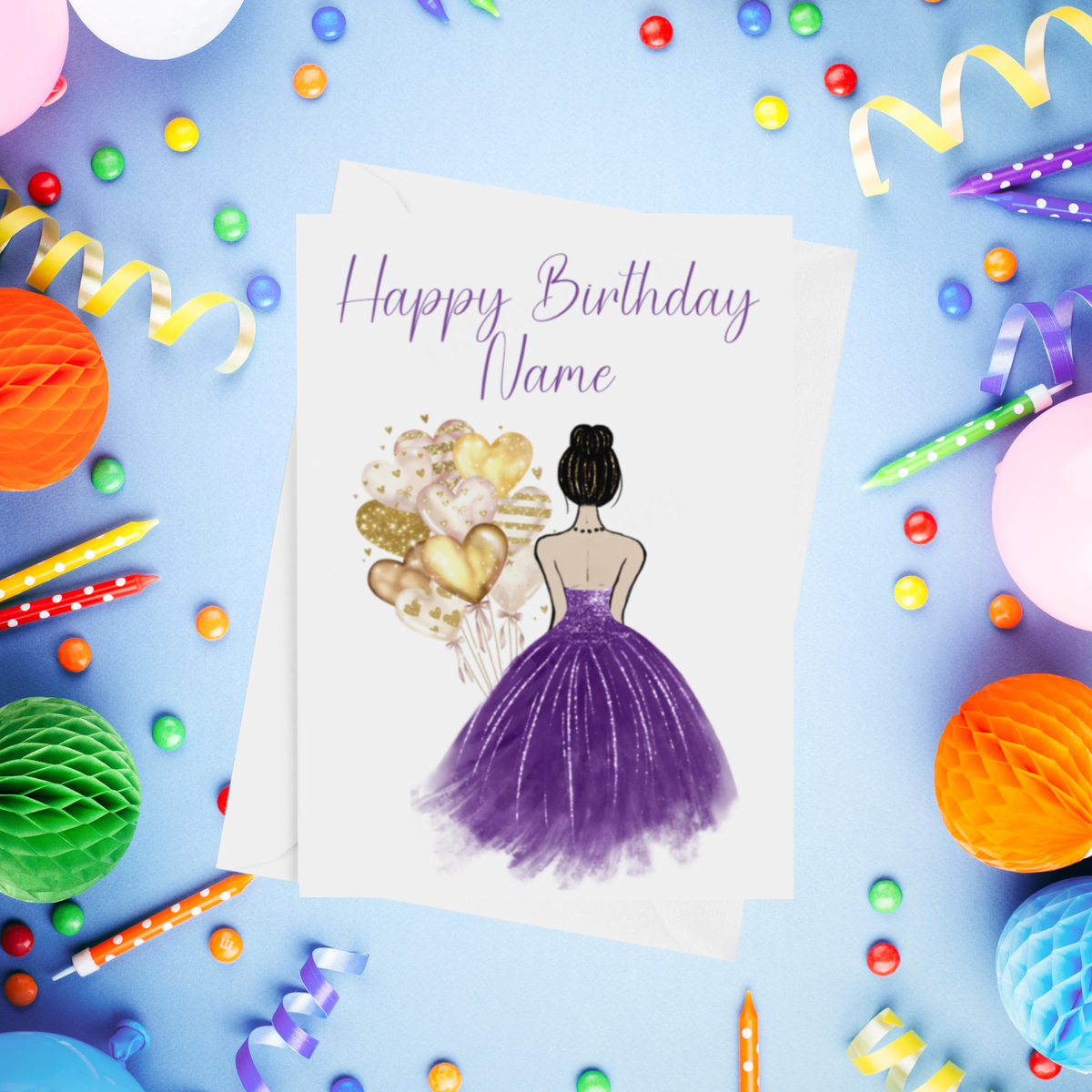 Pretty Dress in Purple Personalised Birthday Card with Choice of Some Skin & Hair Colours