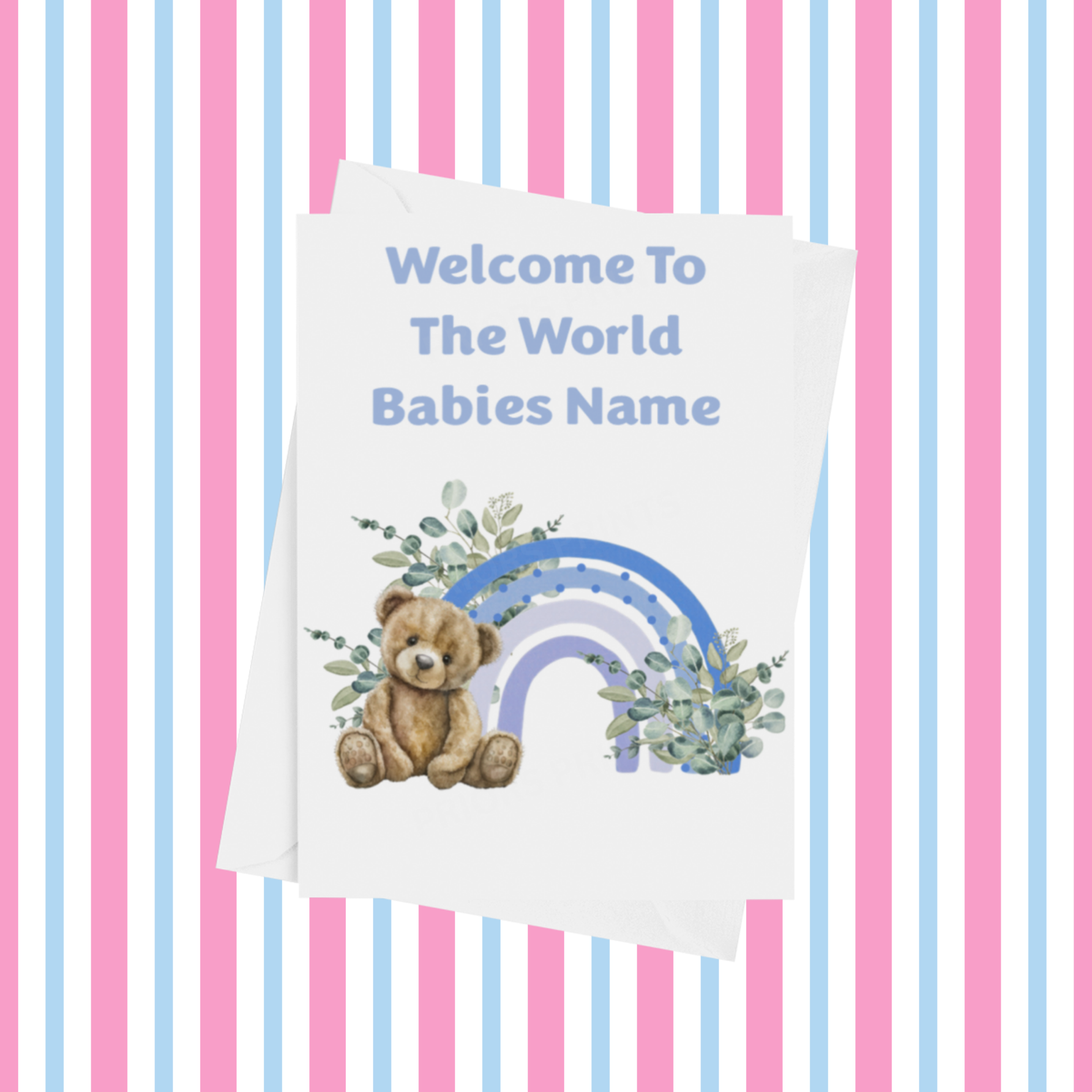Rainbow Bear Welcome To The World Personalised Card for New Baby