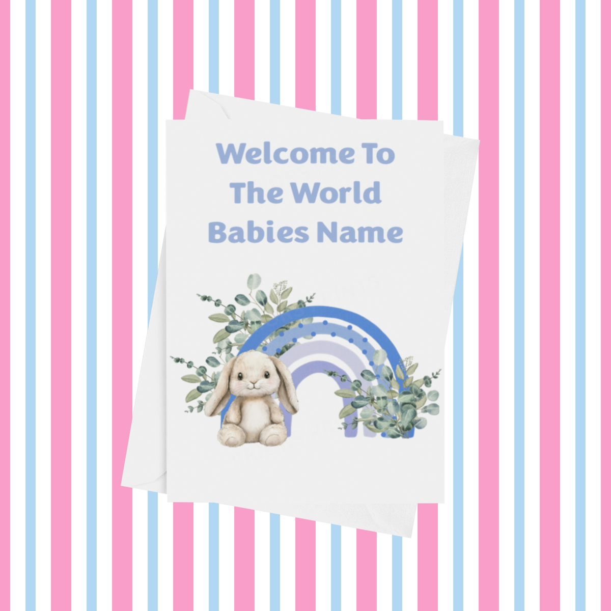 Rainbow Bunny Welcome To The World Personalised Card for New Baby