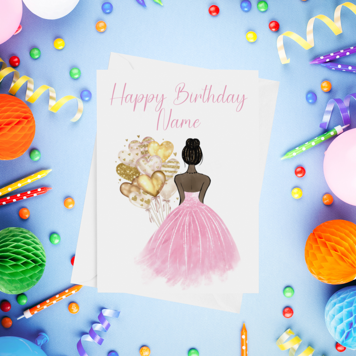 Pretty Dress in Pink Personalised Birthday Card with Choice of Some Skin & Hair Colours