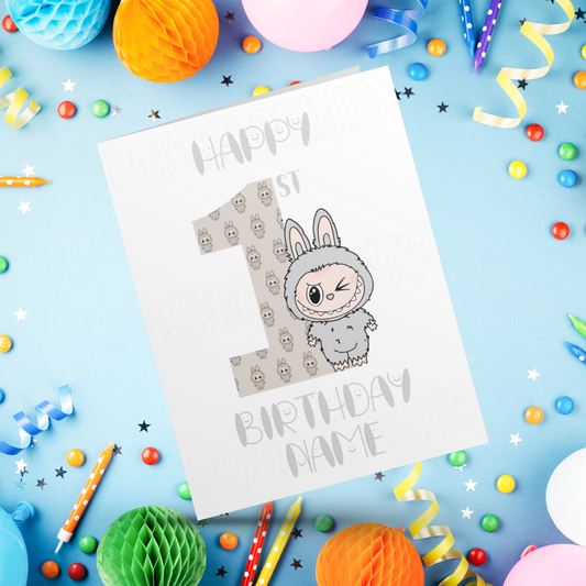 Personalised Labubu Birthday Card with Age 5-20 Years- Grey