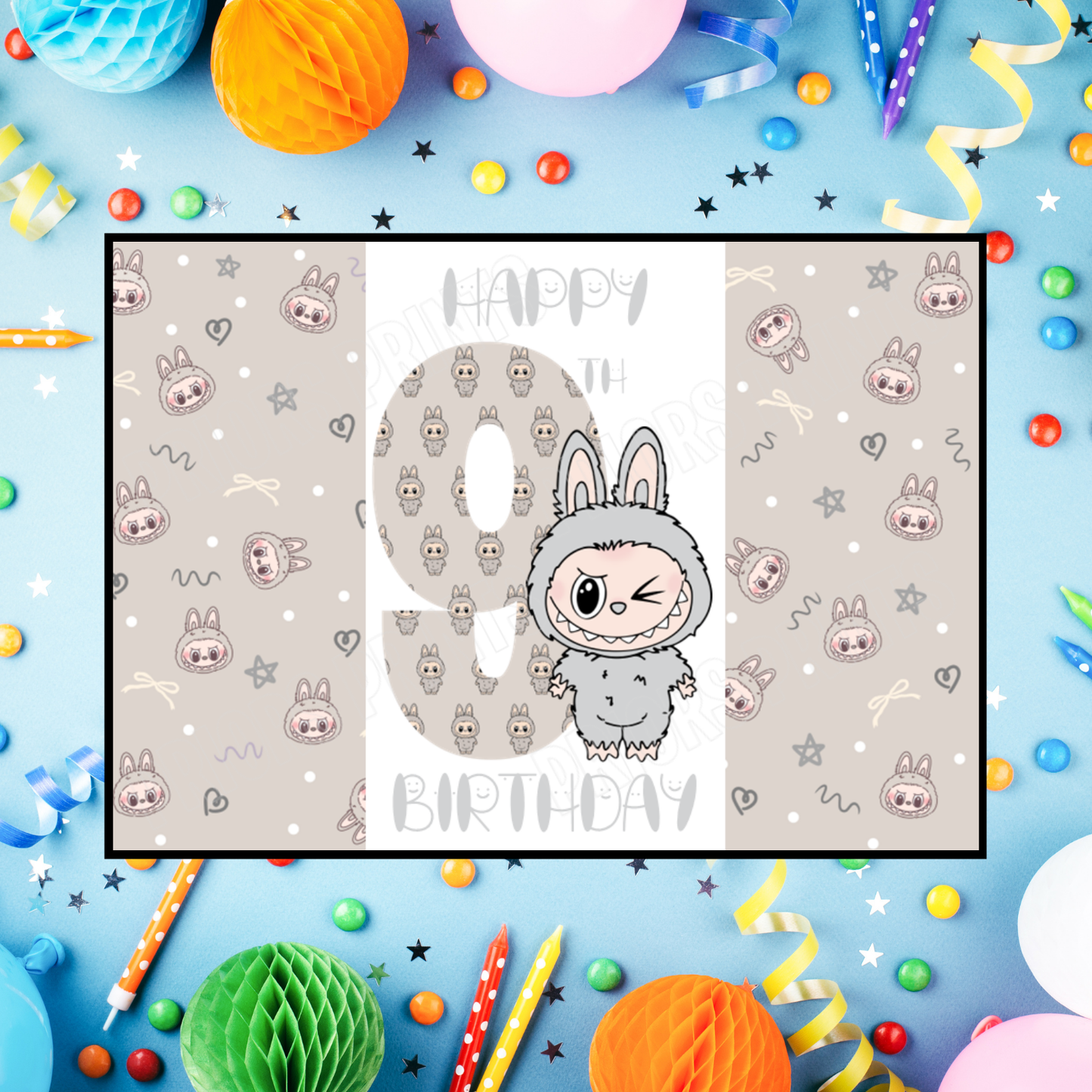 Grey Labubu Birthday Chocolate Bar Wrapper with Age 5-20 Years (Matches Cards)