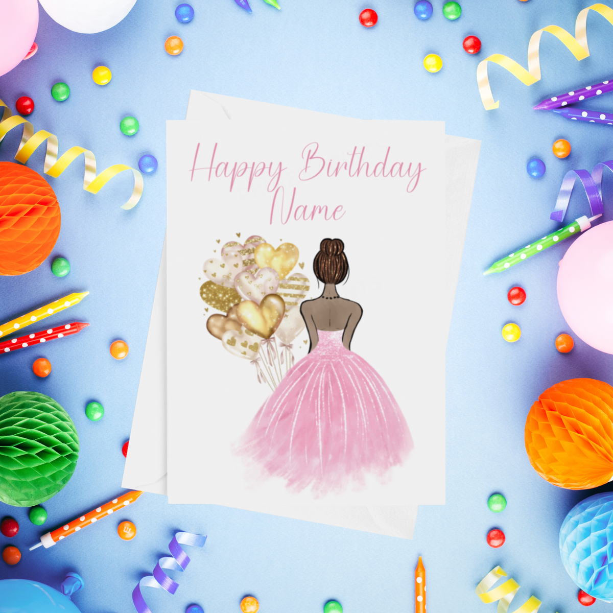 Pretty Dress in Pink Personalised Birthday Card with Choice of Some Skin & Hair Colours