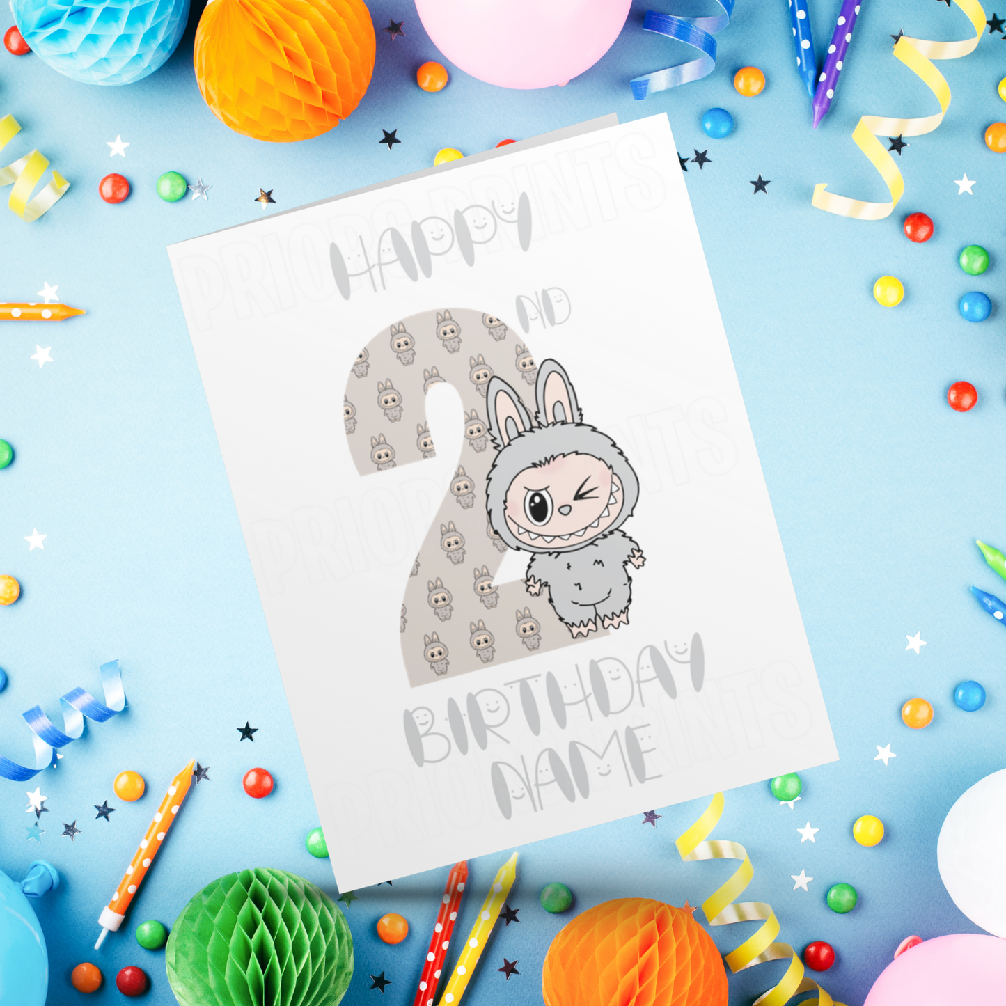 Personalised Labubu Birthday Card with Age 5-20 Years- Grey