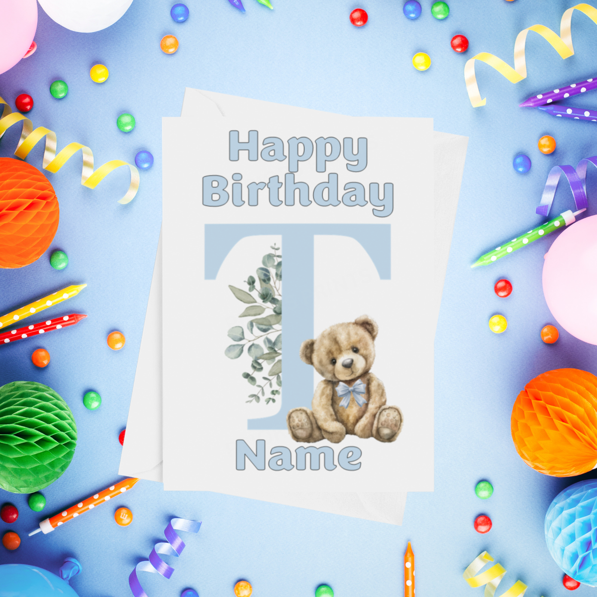 Cute Blue Alphabet Bear Personalised Birthday Card