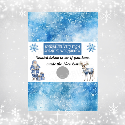 Santa & Reindeer Nice List Christmas Chocolate Bar Wrapper with Scratch Panel