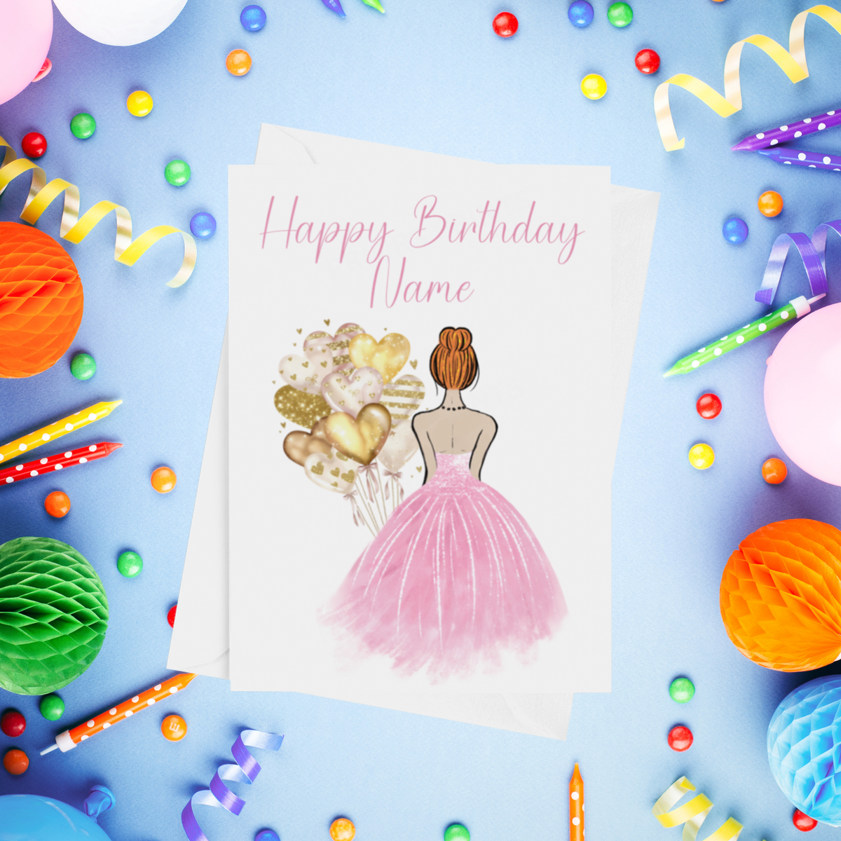 Pretty Dress in Pink Personalised Birthday Card with Choice of Some Skin & Hair Colours