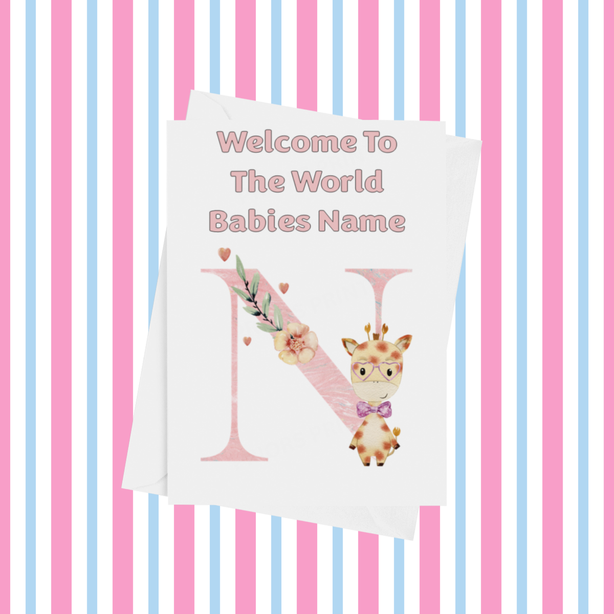 Welcome To The World Giraffe Personalised Card for New Baby in Pink