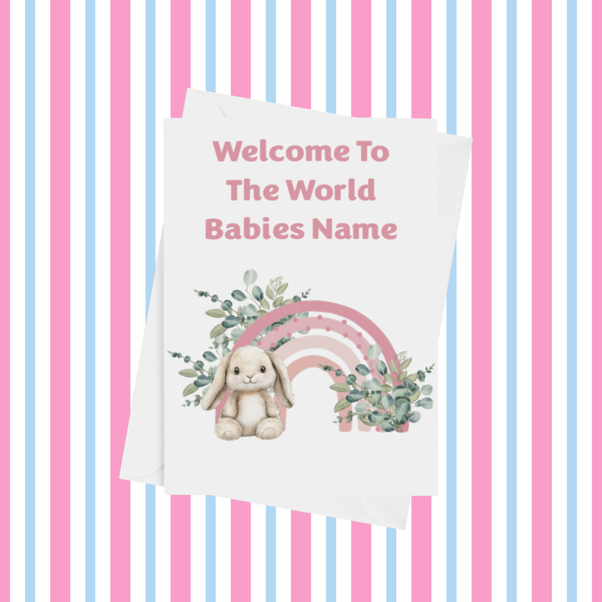 Rainbow Bunny Welcome To The World Personalised Card for New Baby