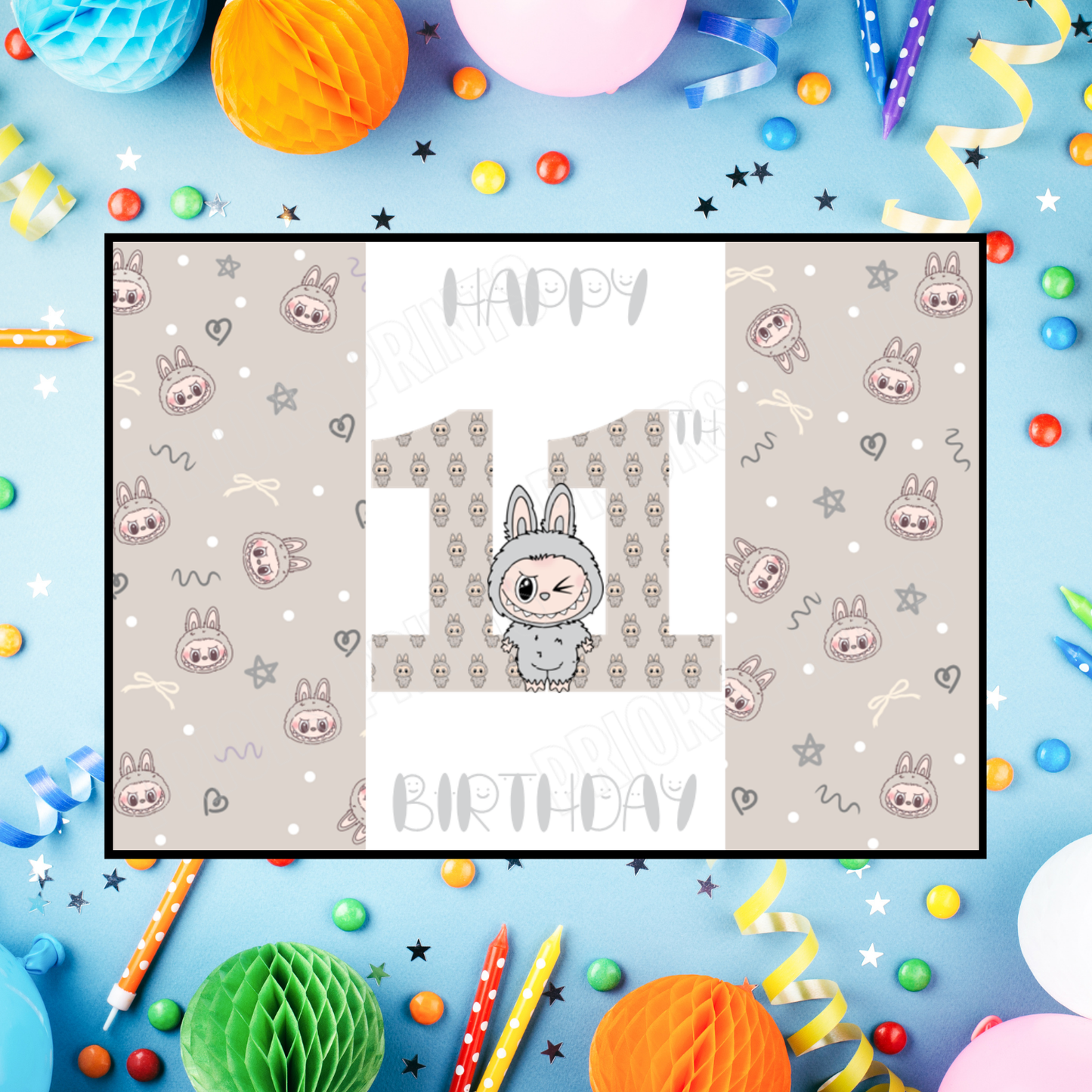 Grey Labubu Birthday Chocolate Bar Wrapper with Age 5-20 Years (Matches Cards)
