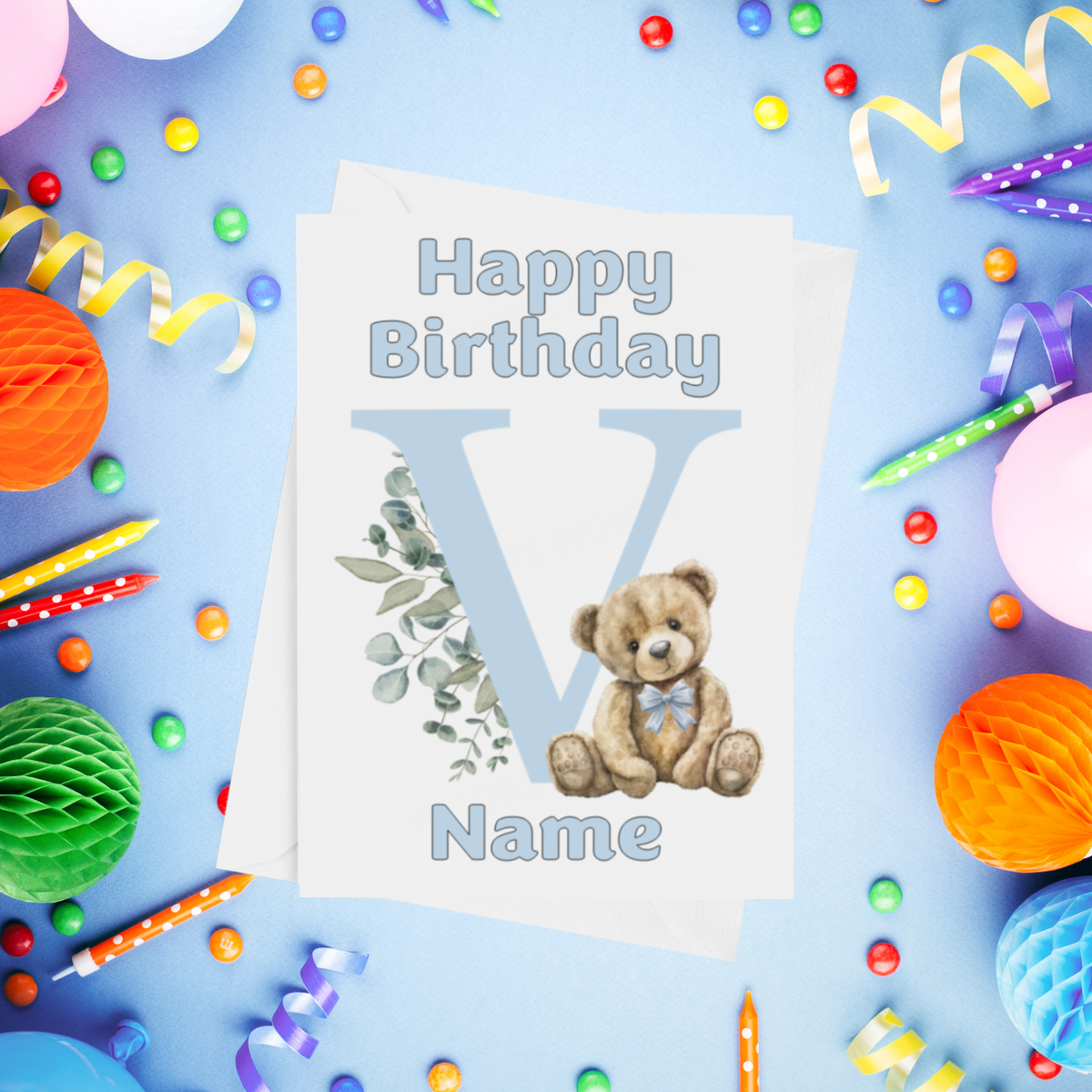 Cute Blue Alphabet Bear Personalised Birthday Card