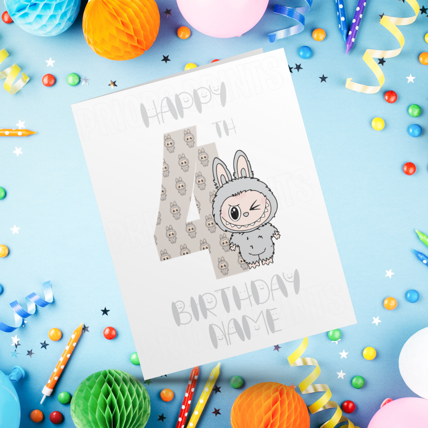 Personalised Labubu Birthday Card with Age 5-20 Years- Grey