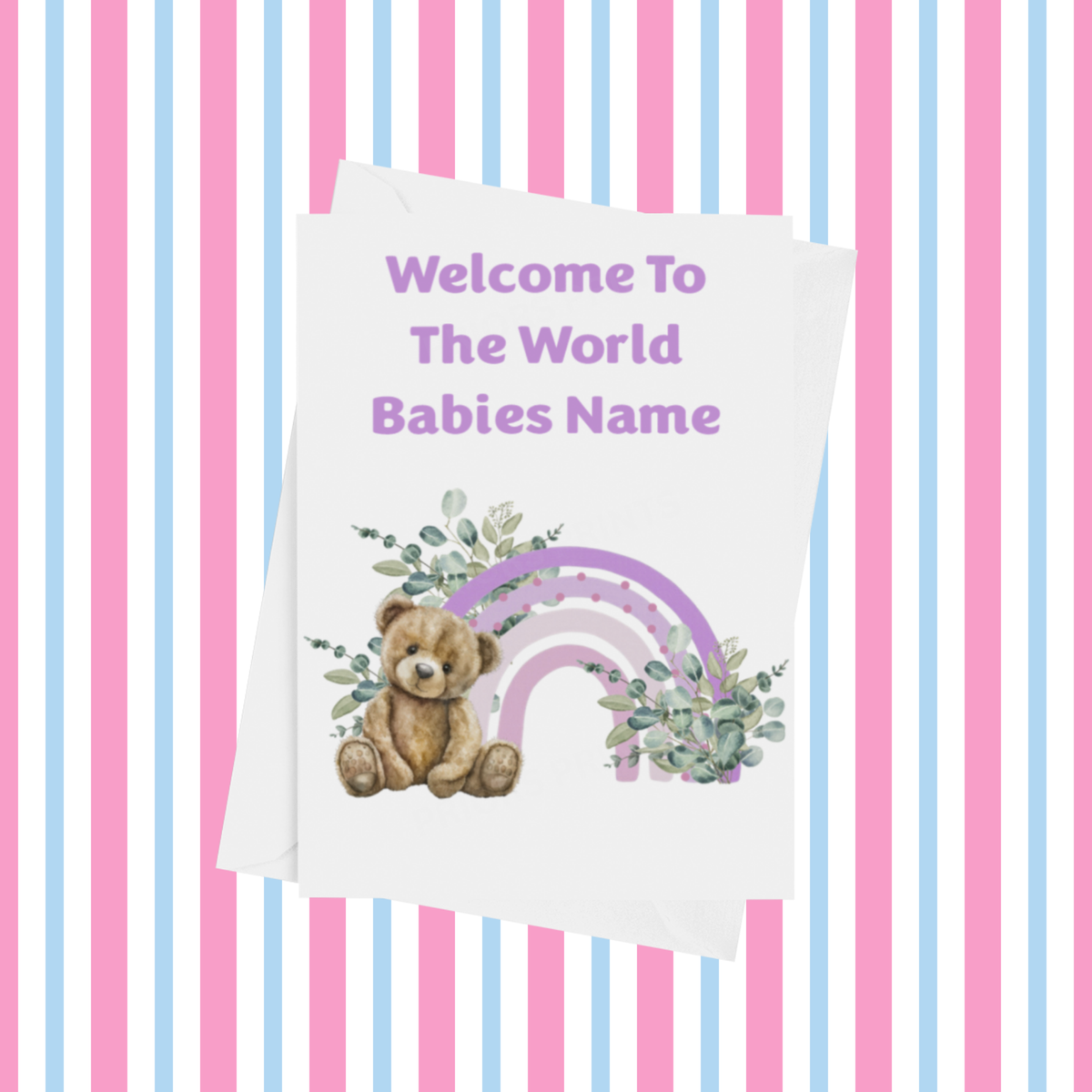 Rainbow Bear Welcome To The World Personalised Card for New Baby