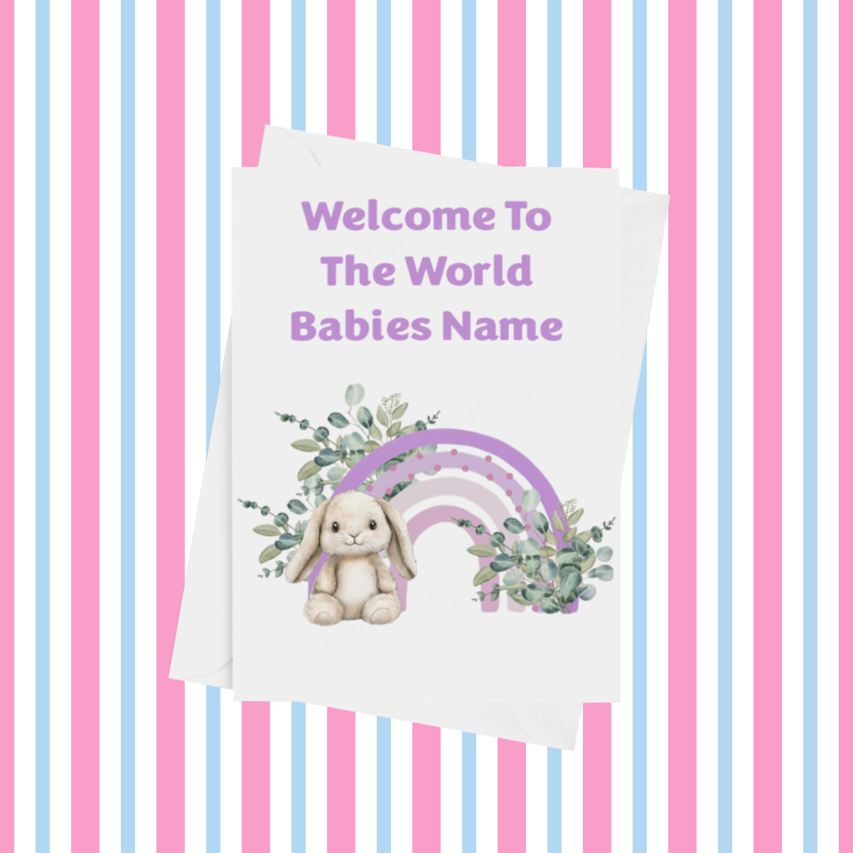 Rainbow Bunny Welcome To The World Personalised Card for New Baby