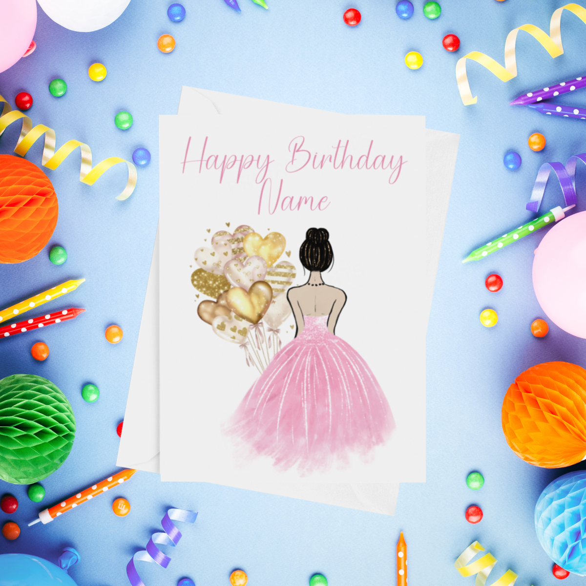 Pretty Dress in Pink Personalised Birthday Card with Choice of Some Skin & Hair Colours