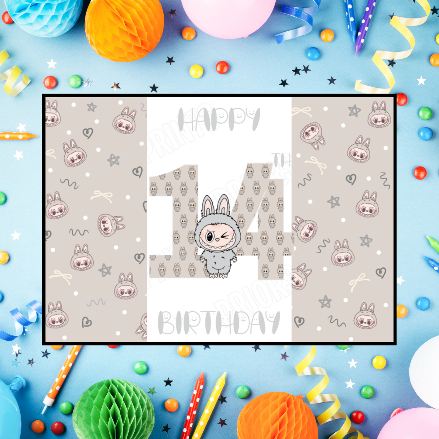 Grey Labubu Birthday Chocolate Bar Wrapper with Age 5-20 Years (Matches Cards)