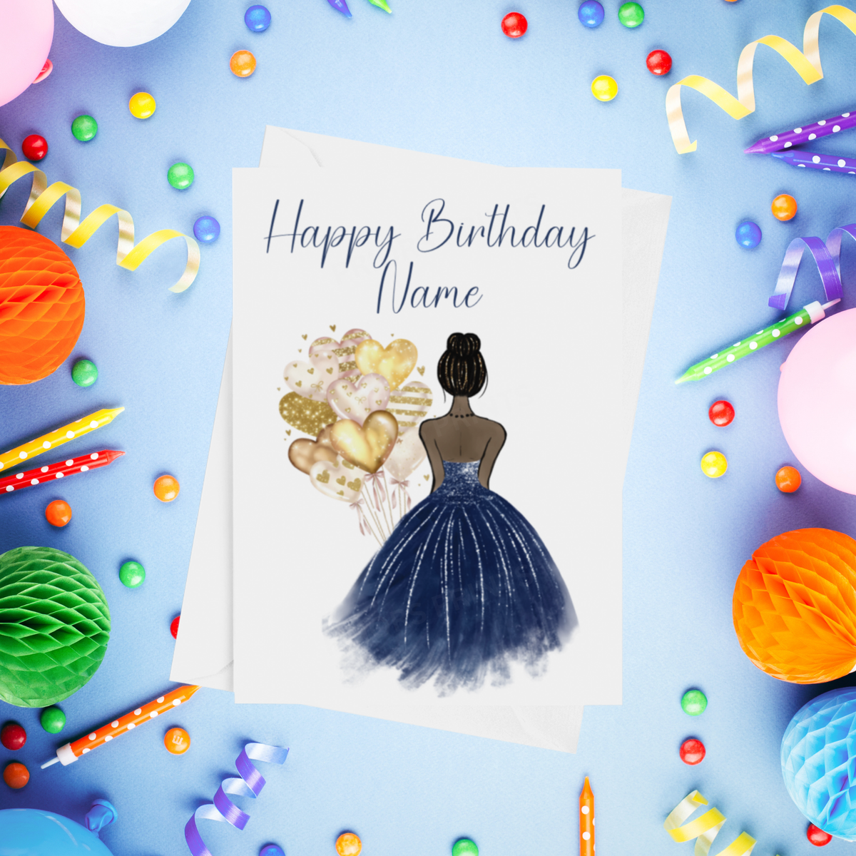 Pretty Dress in Navy Blue Personalised Birthday Card with Choice of Some Skin & Hair Colours