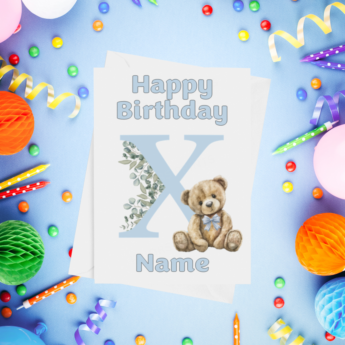 Cute Blue Alphabet Bear Personalised Birthday Card