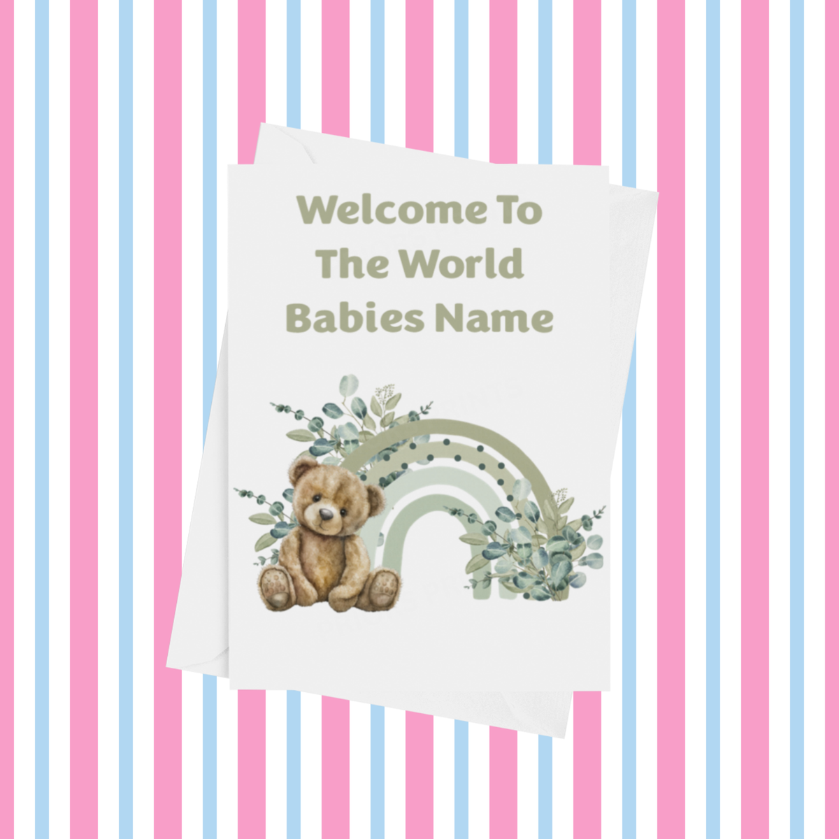 Rainbow Bear Welcome To The World Personalised Card for New Baby