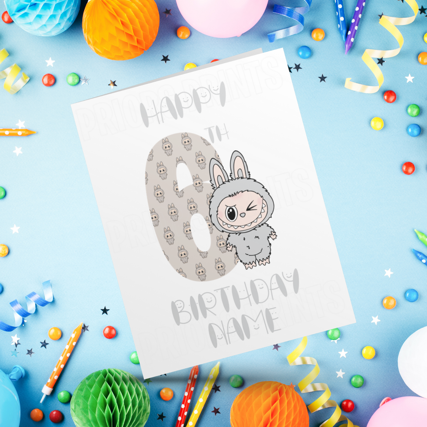 Personalised Labubu Birthday Card with Age 5-20 Years- Grey