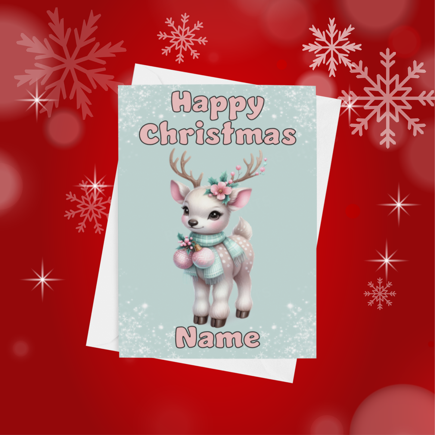 Cute Light Pink & Green Personalised Christmas Card