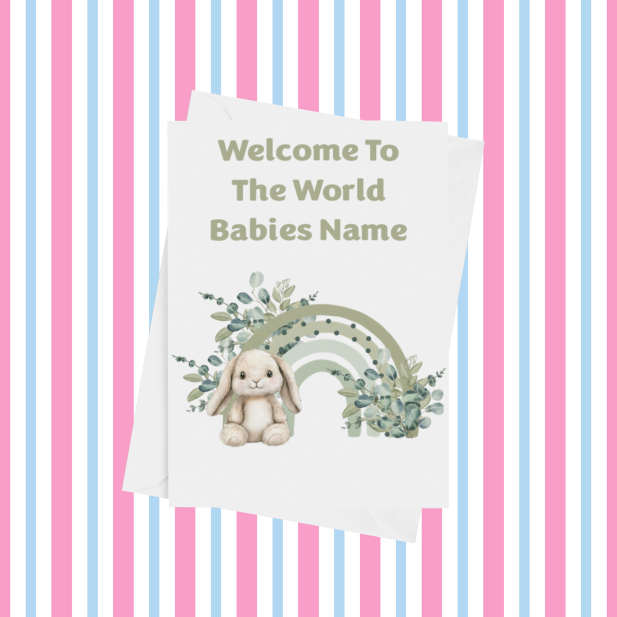 Rainbow Bunny Welcome To The World Personalised Card for New Baby