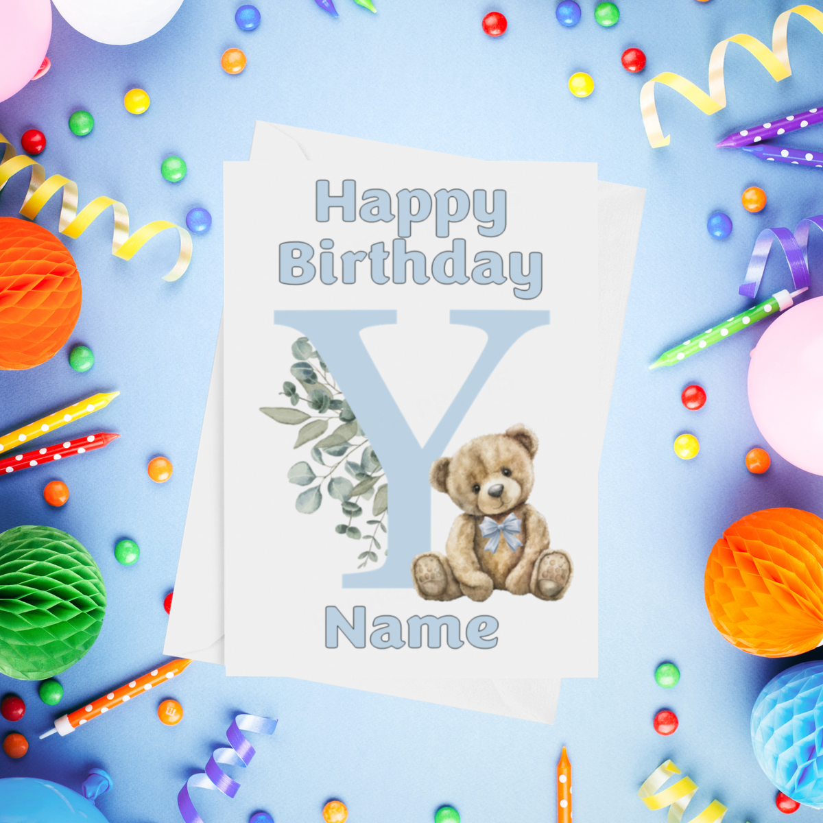 Cute Blue Alphabet Bear Personalised Birthday Card