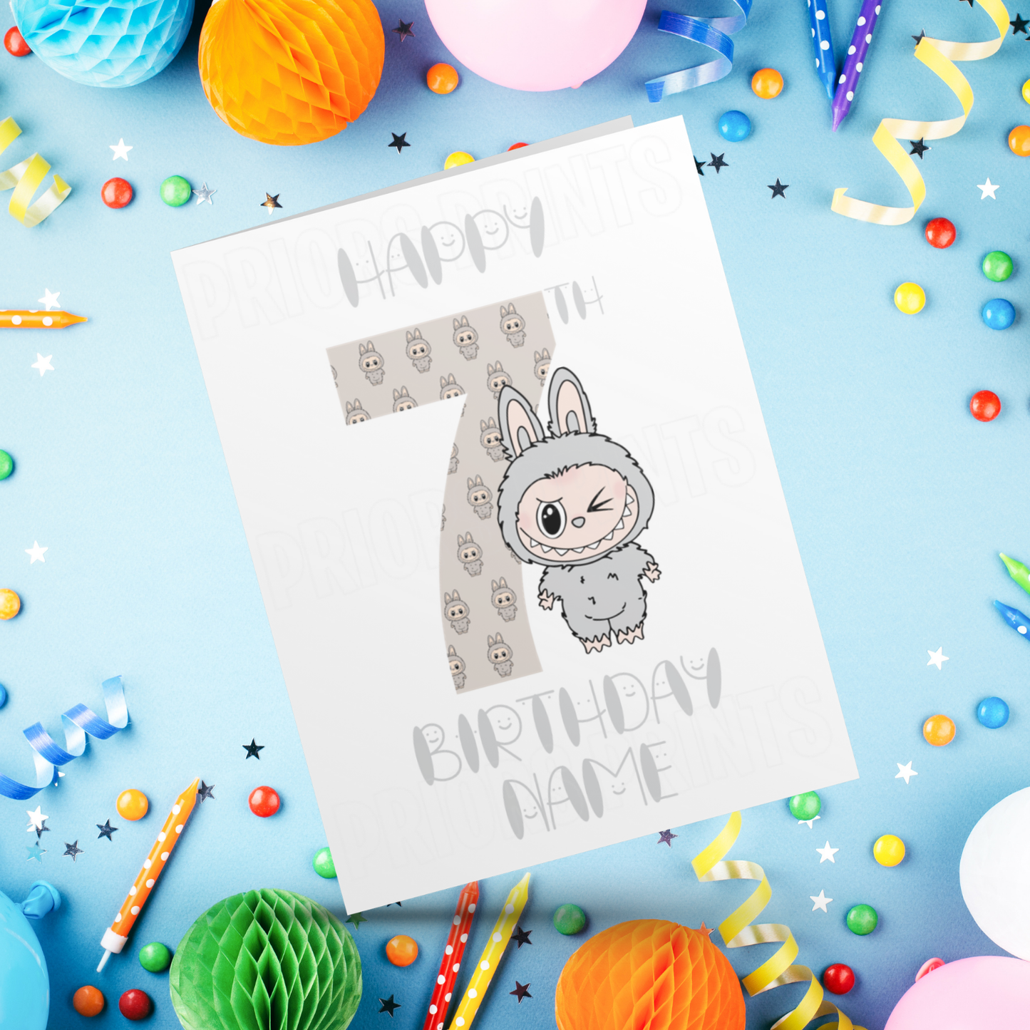 Personalised Labubu Birthday Card with Age 5-20 Years- Grey