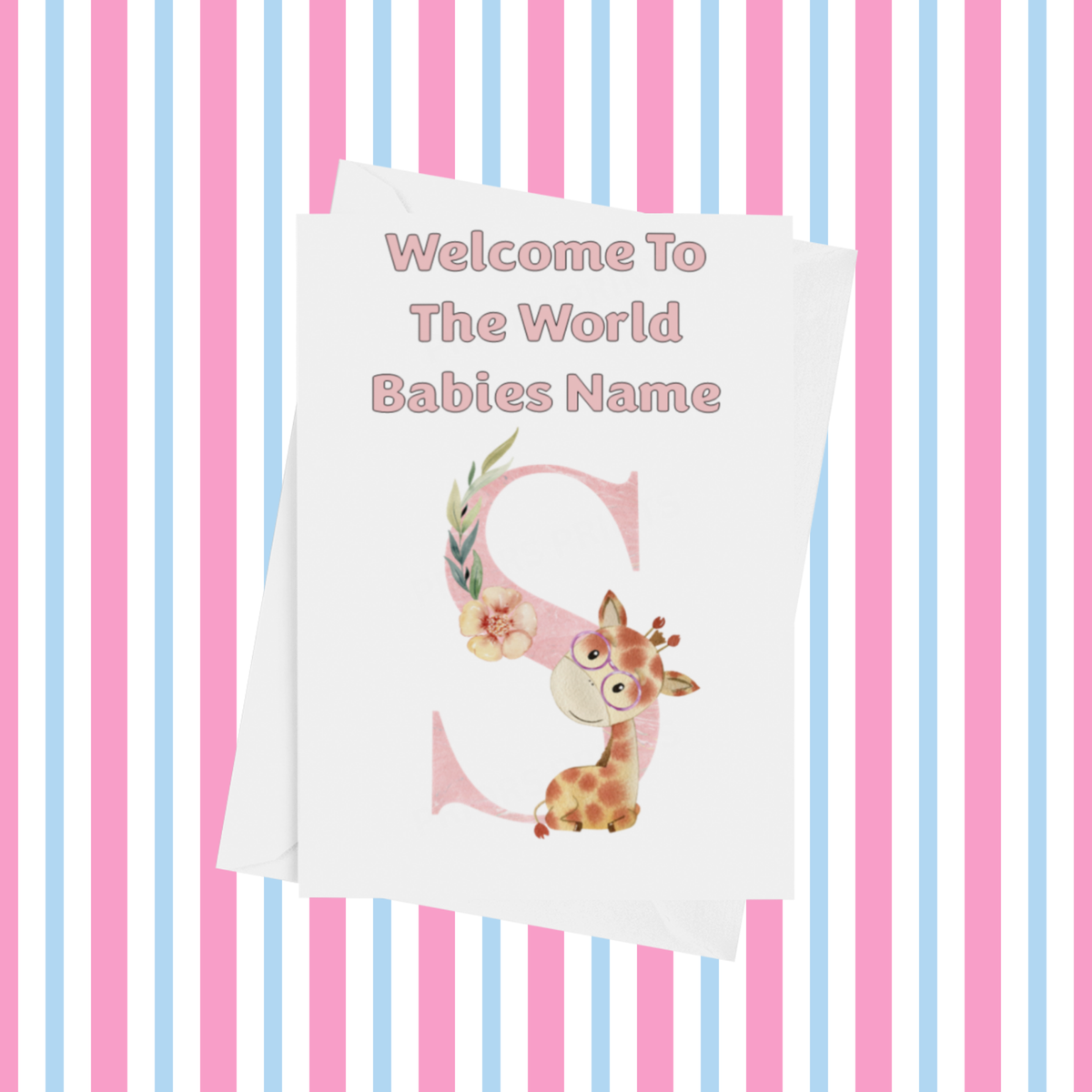 Welcome To The World Giraffe Personalised Card for New Baby in Pink