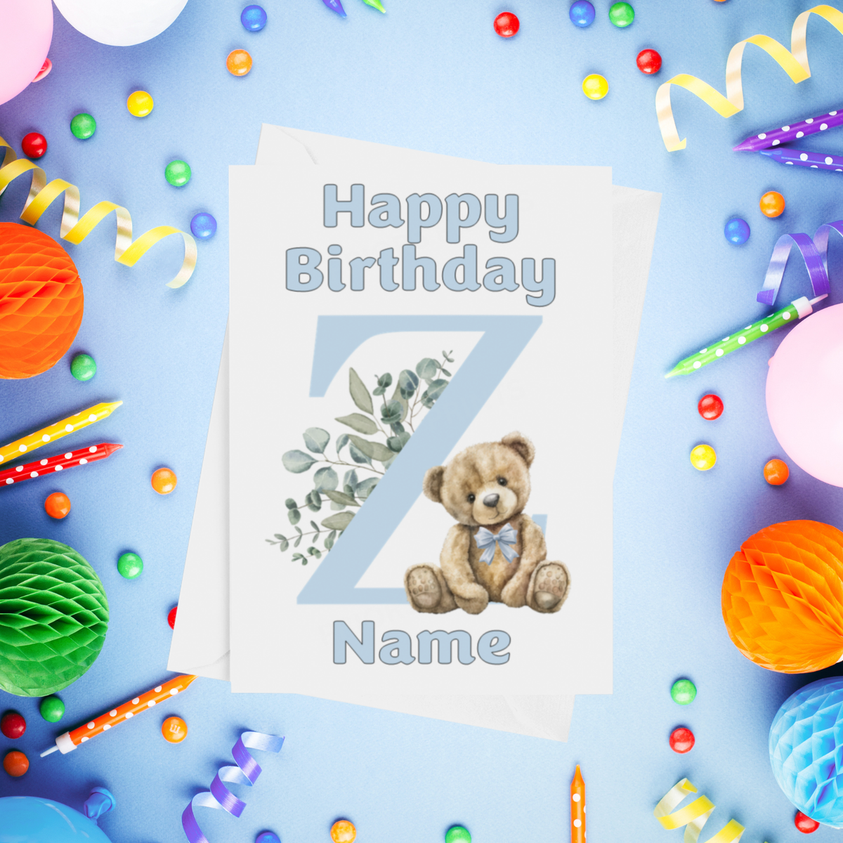 Cute Blue Alphabet Bear Personalised Birthday Card