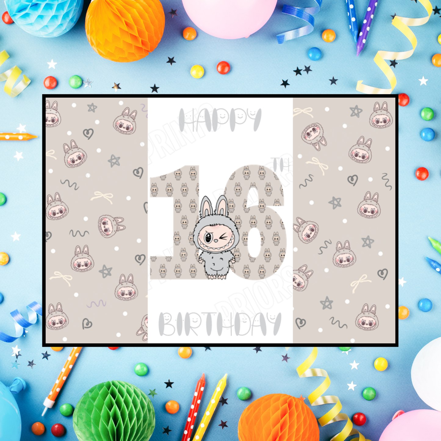 Grey Labubu Birthday Chocolate Bar Wrapper with Age 5-20 Years (Matches Cards)