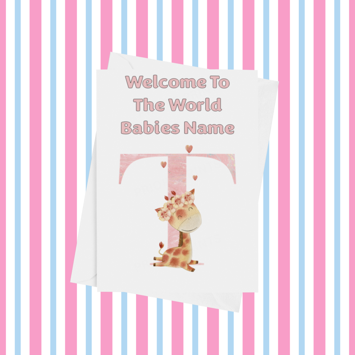Welcome To The World Giraffe Personalised Card for New Baby in Pink