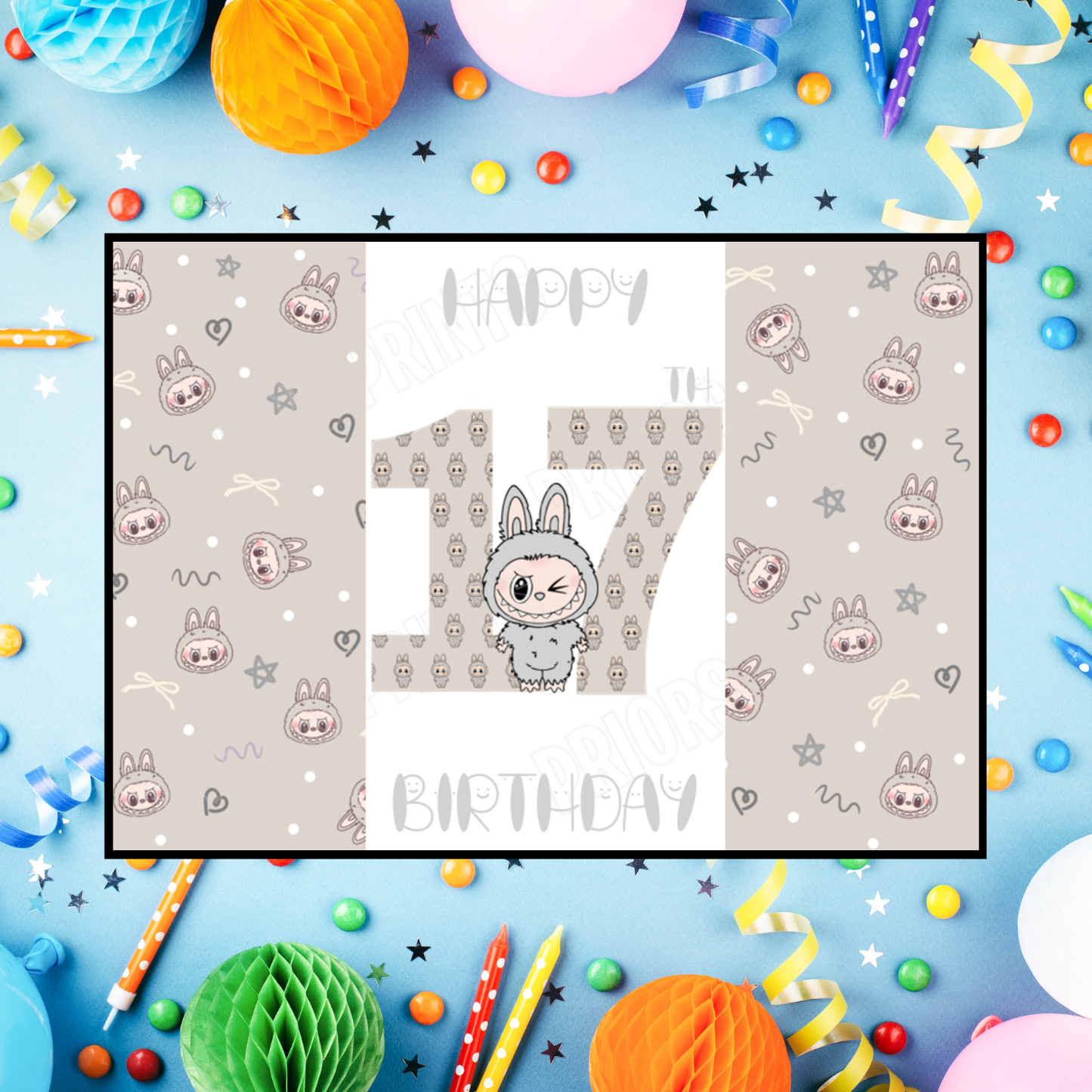 Grey Labubu Birthday Chocolate Bar Wrapper with Age 5-20 Years (Matches Cards)