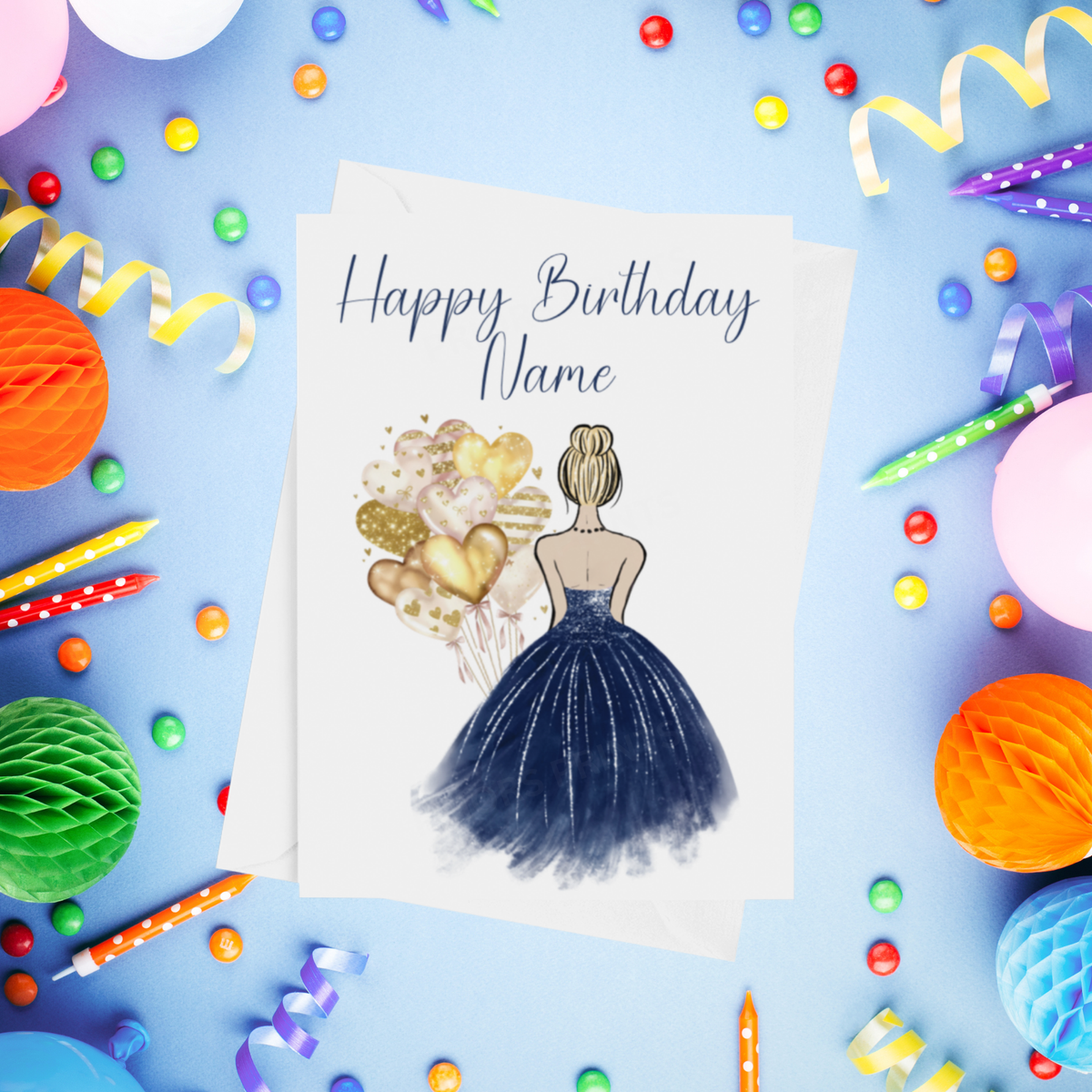 Pretty Dress in Navy Blue Personalised Birthday Card with Choice of Some Skin & Hair Colours