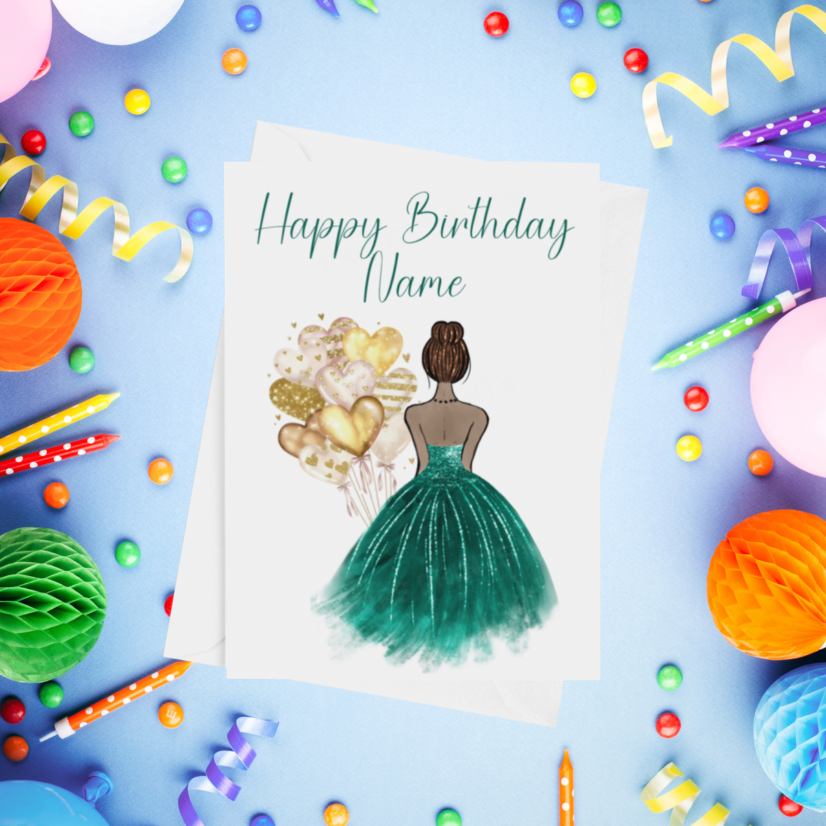 Pretty Dress in Green Personalised Birthday Card with Choice of Some Skin & Hair Colours