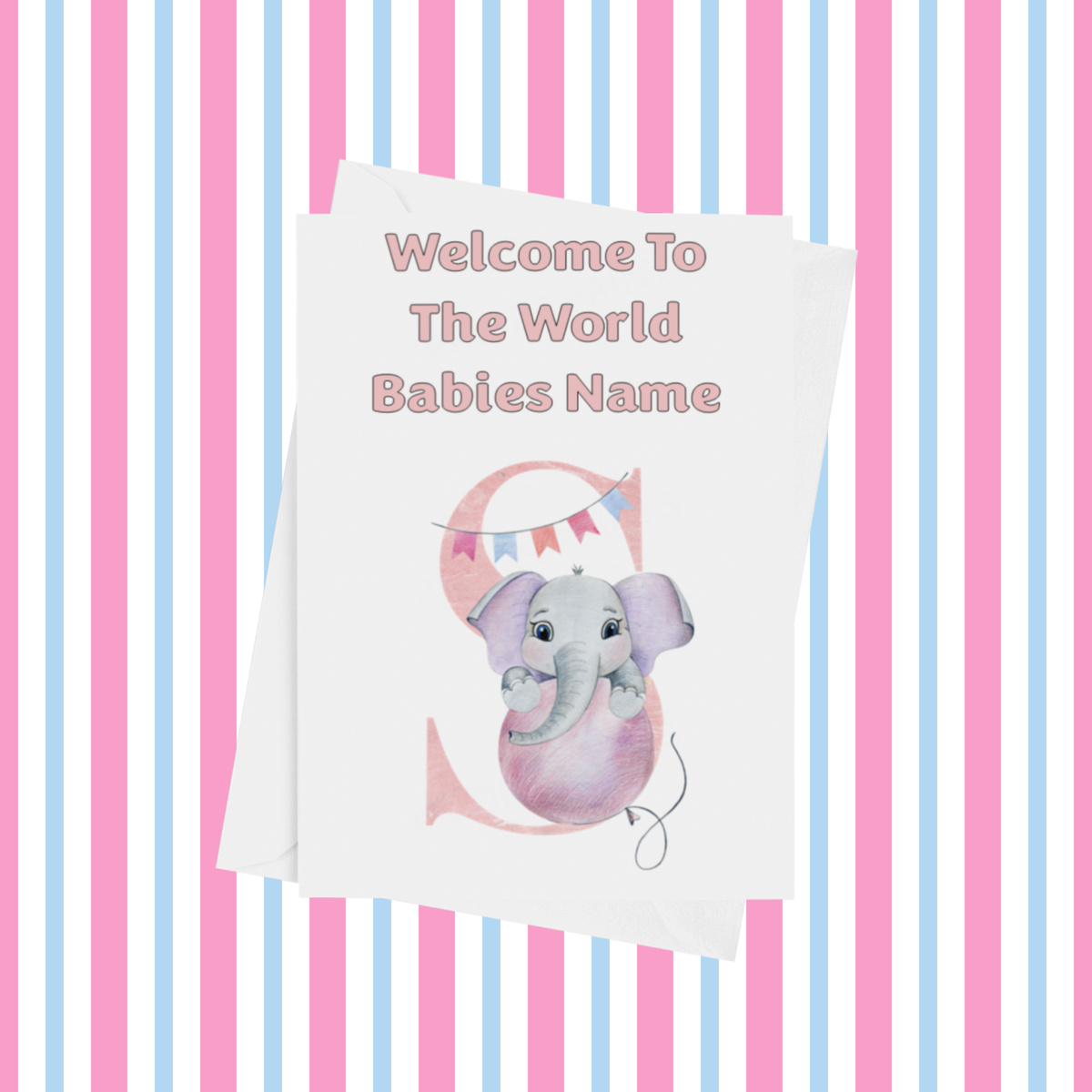 Welcome To The World Elephants Personalised Card for New Baby in Pink