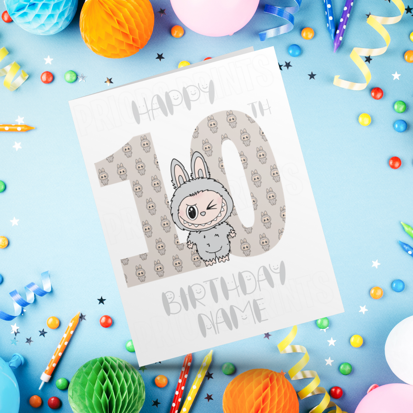 Personalised Labubu Birthday Card with Age 5-20 Years- Grey