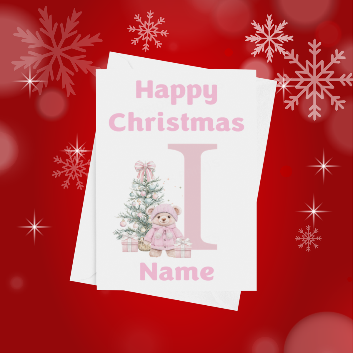 Cute Pink Bear Personalised Christmas Card