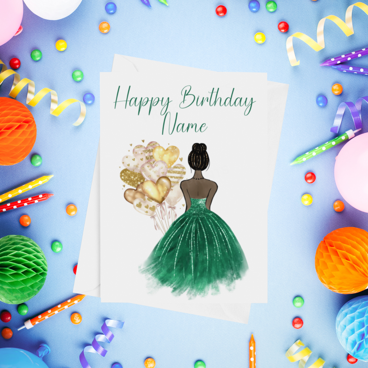 Pretty Dress in Emerald Green Personalised Birthday Card with Choice of Some Skin & Hair Colours