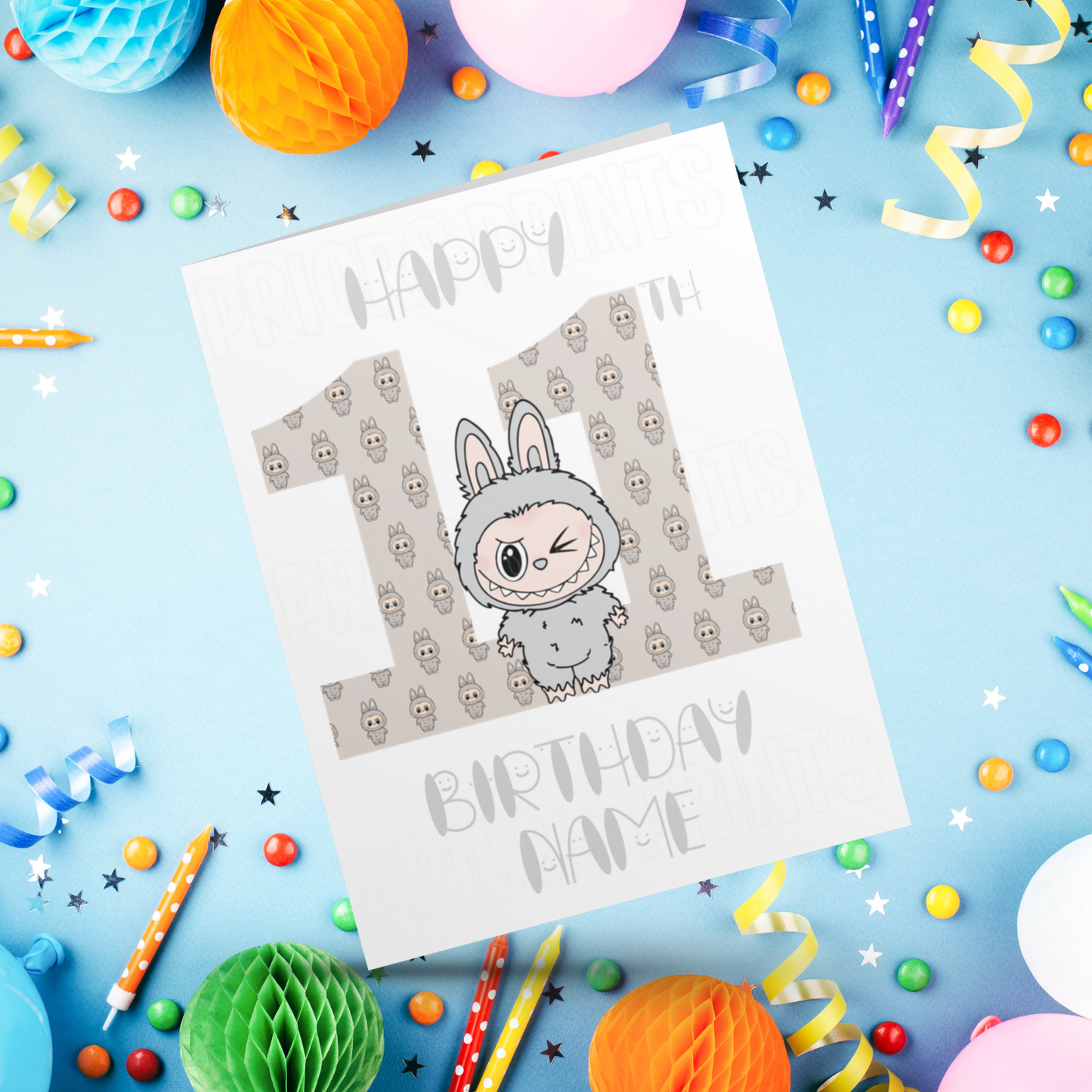 Personalised Labubu Birthday Card with Age 5-20 Years- Grey