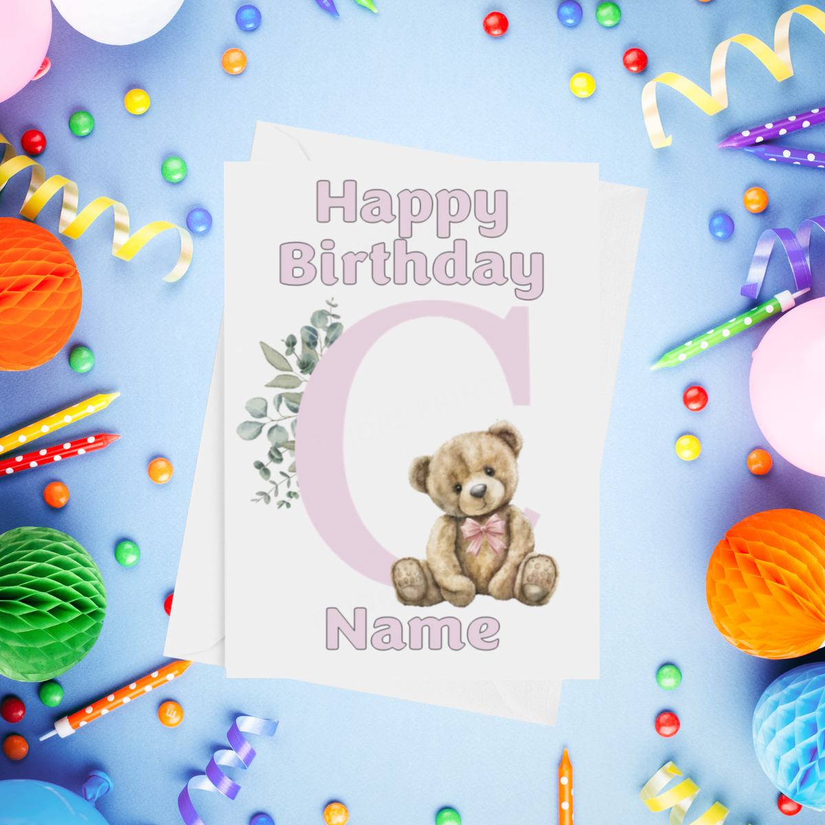 Cute Pink Alphabet Bear Personalised Birthday Card