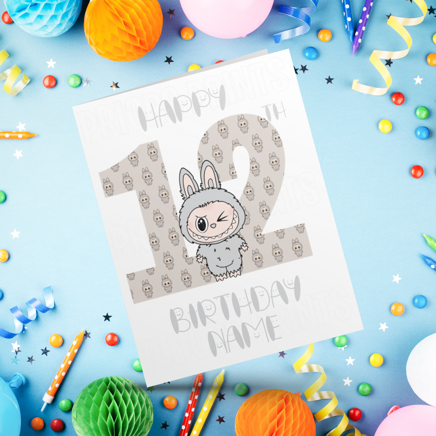 Personalised Labubu Birthday Card with Age 5-20 Years- Grey
