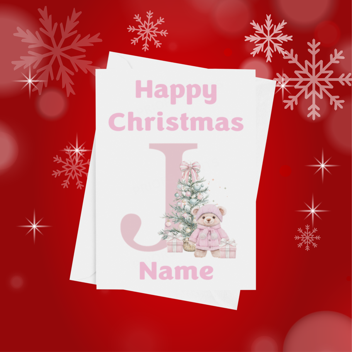 Cute Pink Bear Personalised Christmas Card