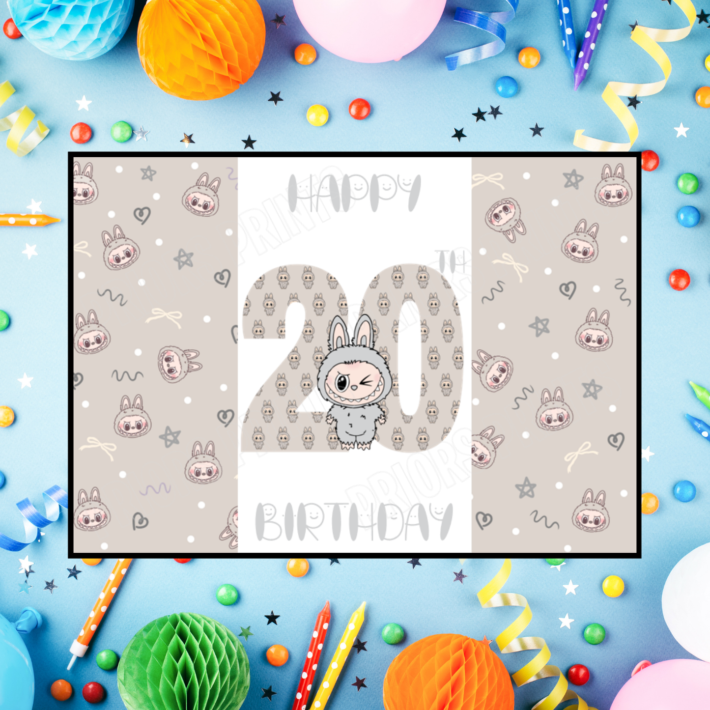 Grey Labubu Birthday Chocolate Bar Wrapper with Age 5-20 Years (Matches Cards)
