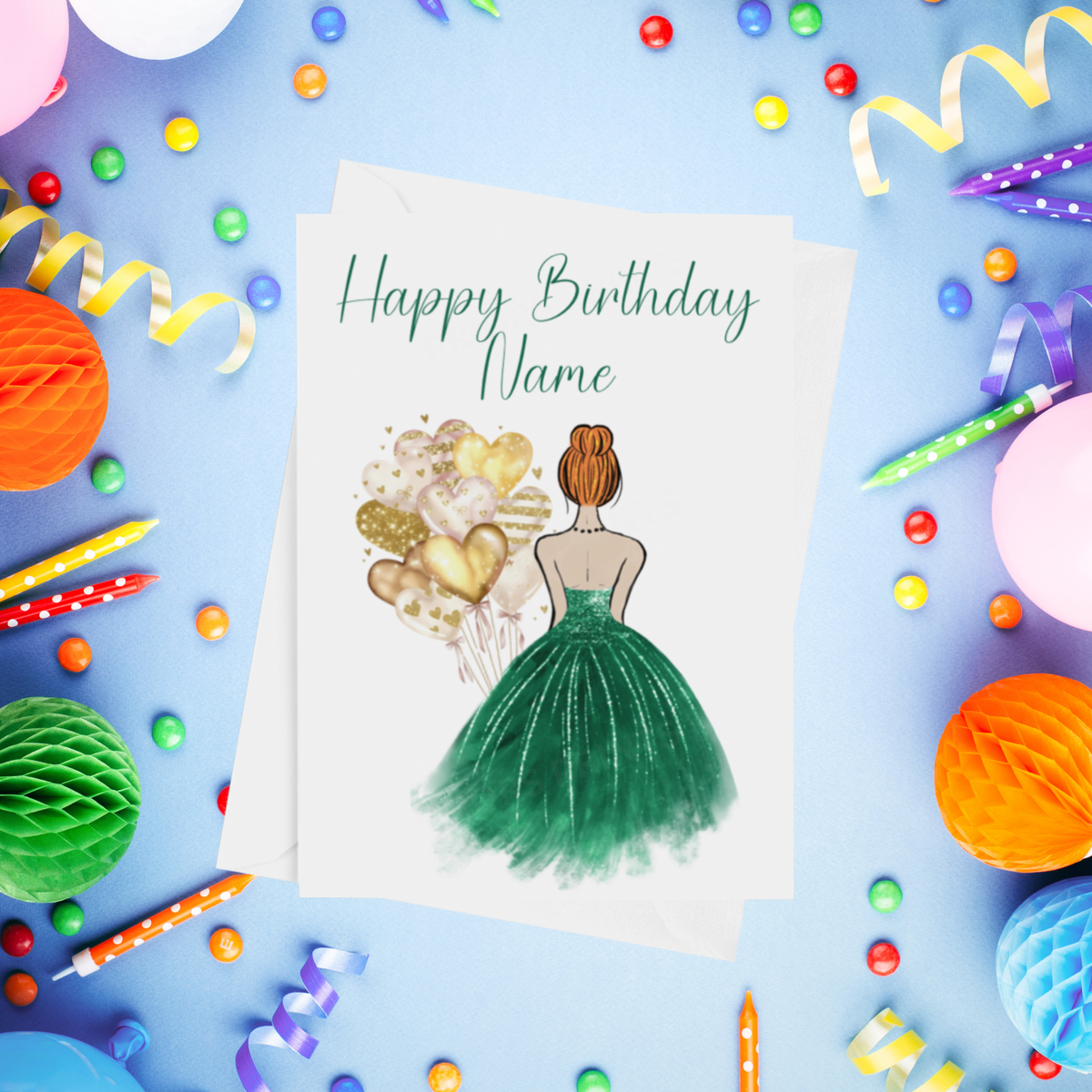 Pretty Dress in Emerald Green Personalised Birthday Card with Choice of Some Skin & Hair Colours
