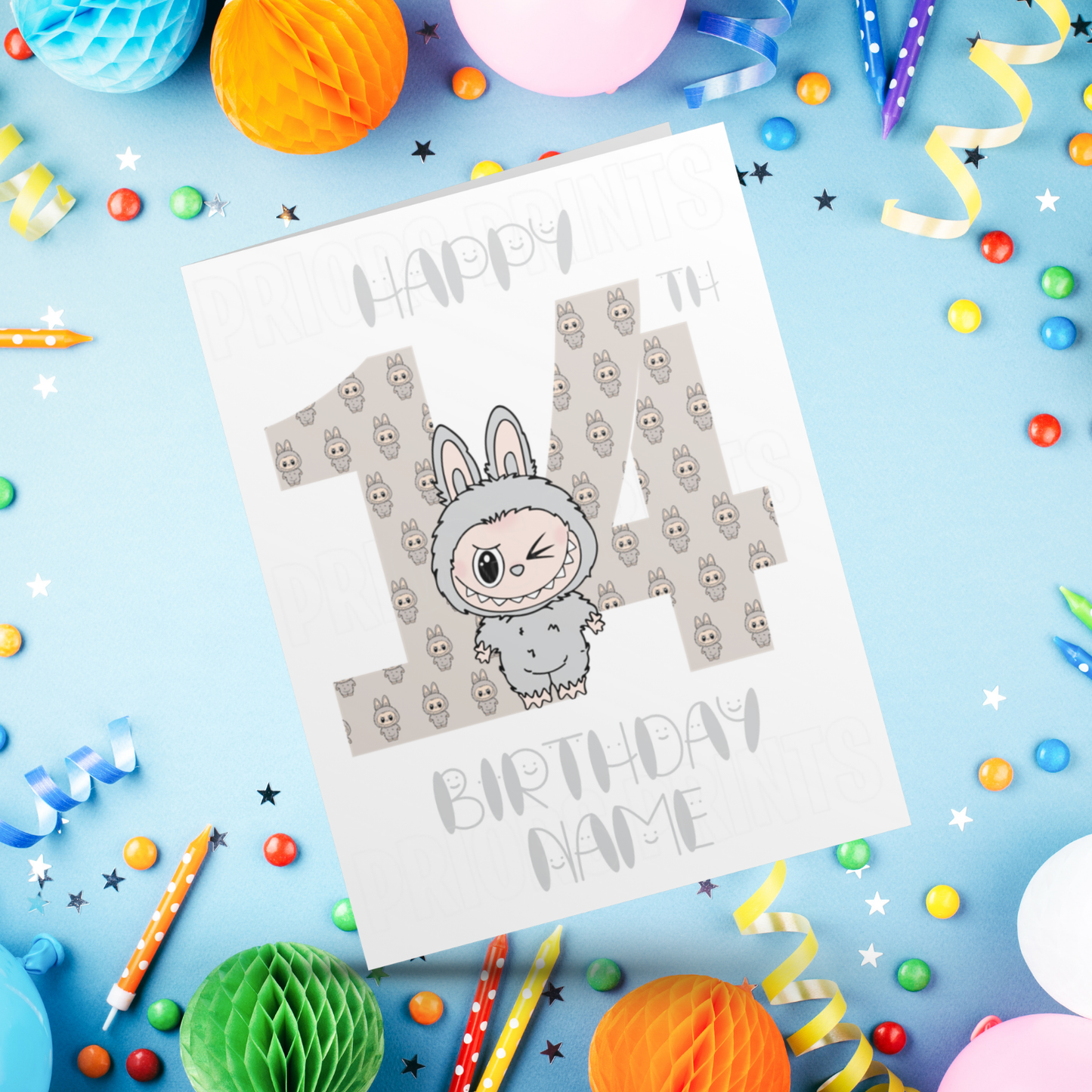 Personalised Labubu Birthday Card with Age 5-20 Years- Grey